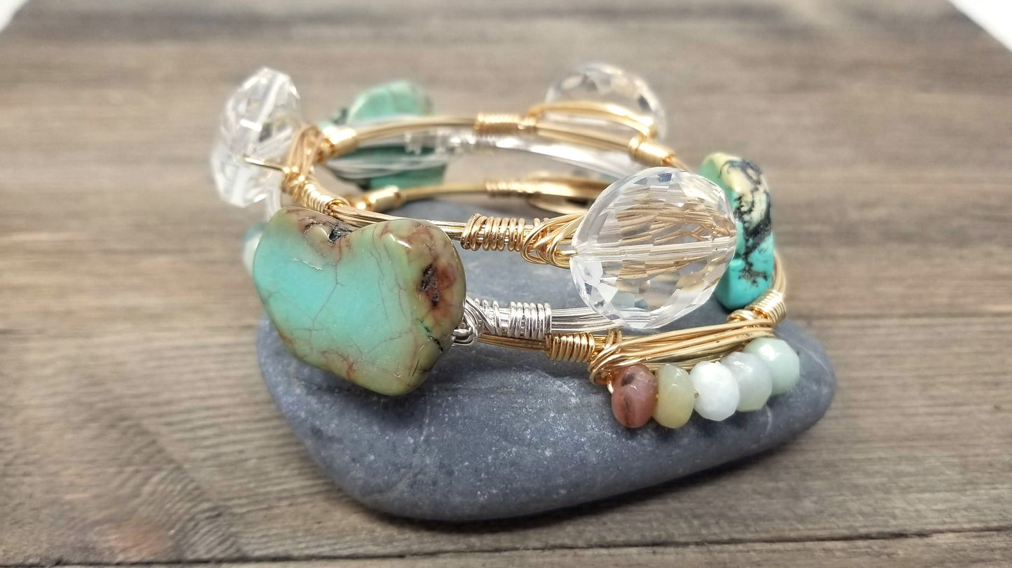 Turquoise slab bangle, amazonite cluster bracelet, crystal bangle set of 3 bangles