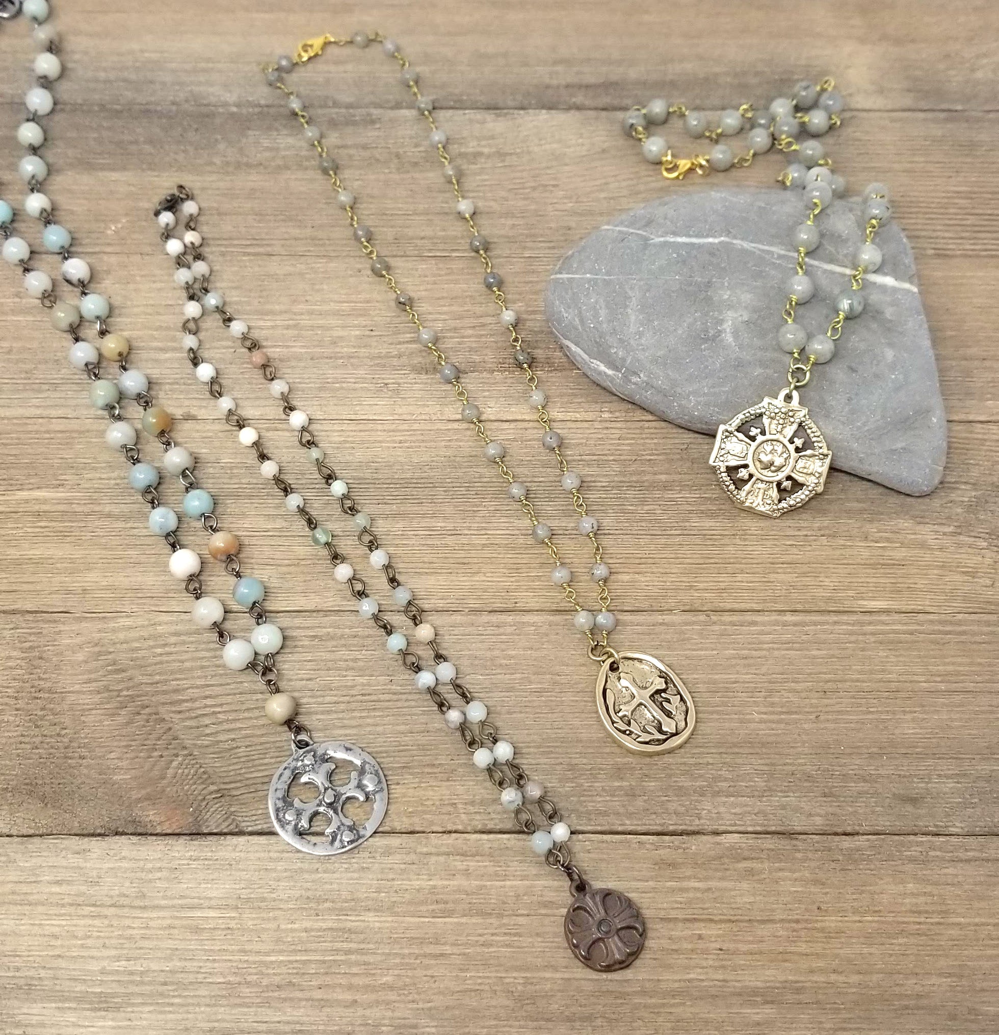 Labradorite beaded rosary chain short necklace with sacred heart pendant