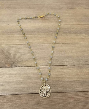 Labradorite beaded rosary chain short necklace with coin pendant