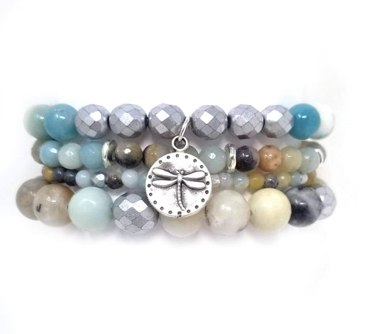 Amazonite and silver stacking bracelets, set of 4