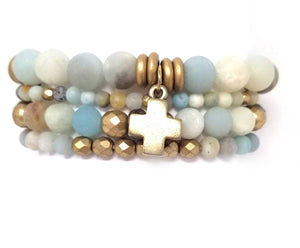 Frosted Amazonite and gold stacking bracelets, set of 4