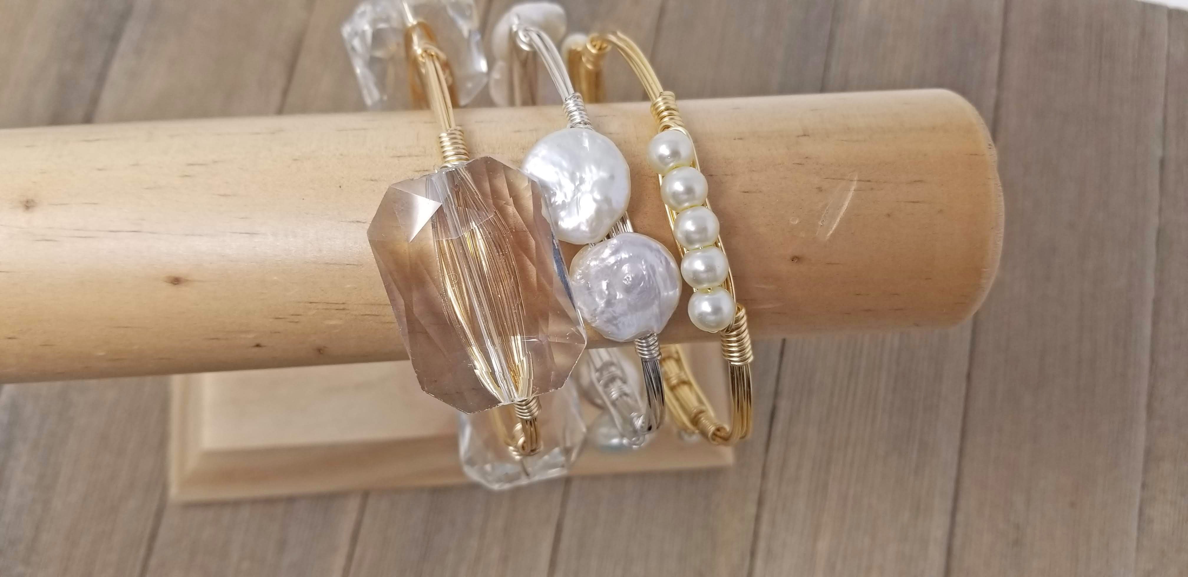Crystal and keshi pearls set of 3  bangle bracelets
