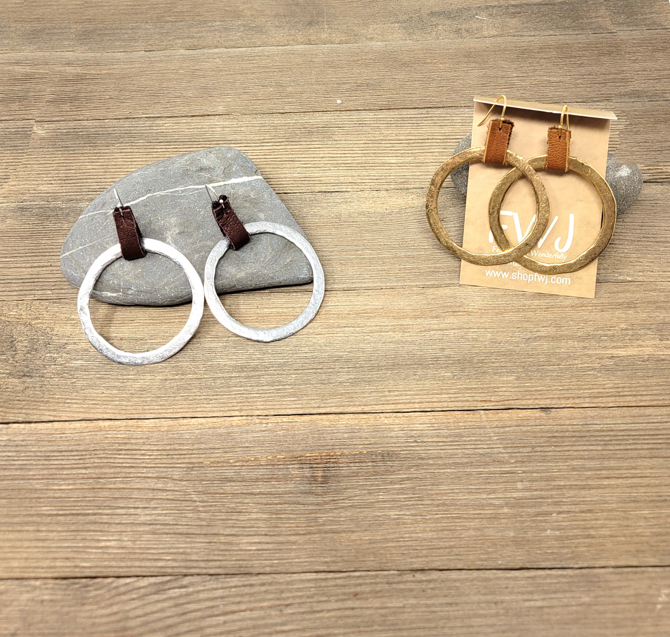 Large organic rustic hoop earrings with leather loop