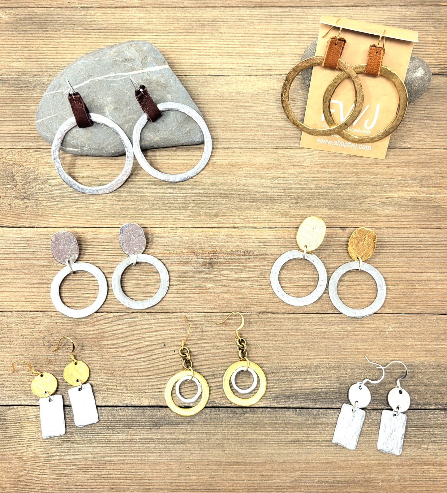 Large organic rustic hoop earrings with leather loop