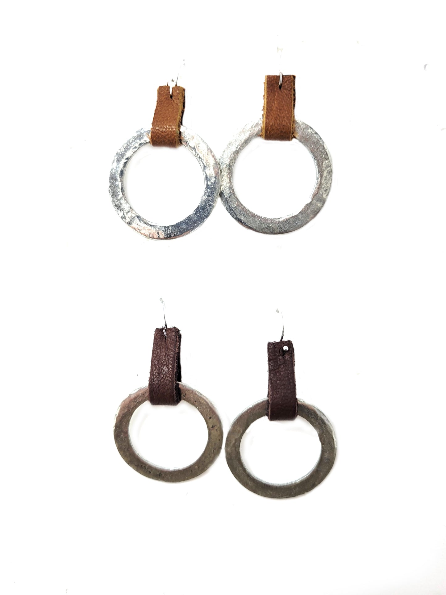 Medium pewter hoop earrings in antique gold or antique silver with leather loops