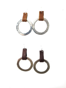 Medium pewter hoop earrings in antique gold or antique silver with leather loops