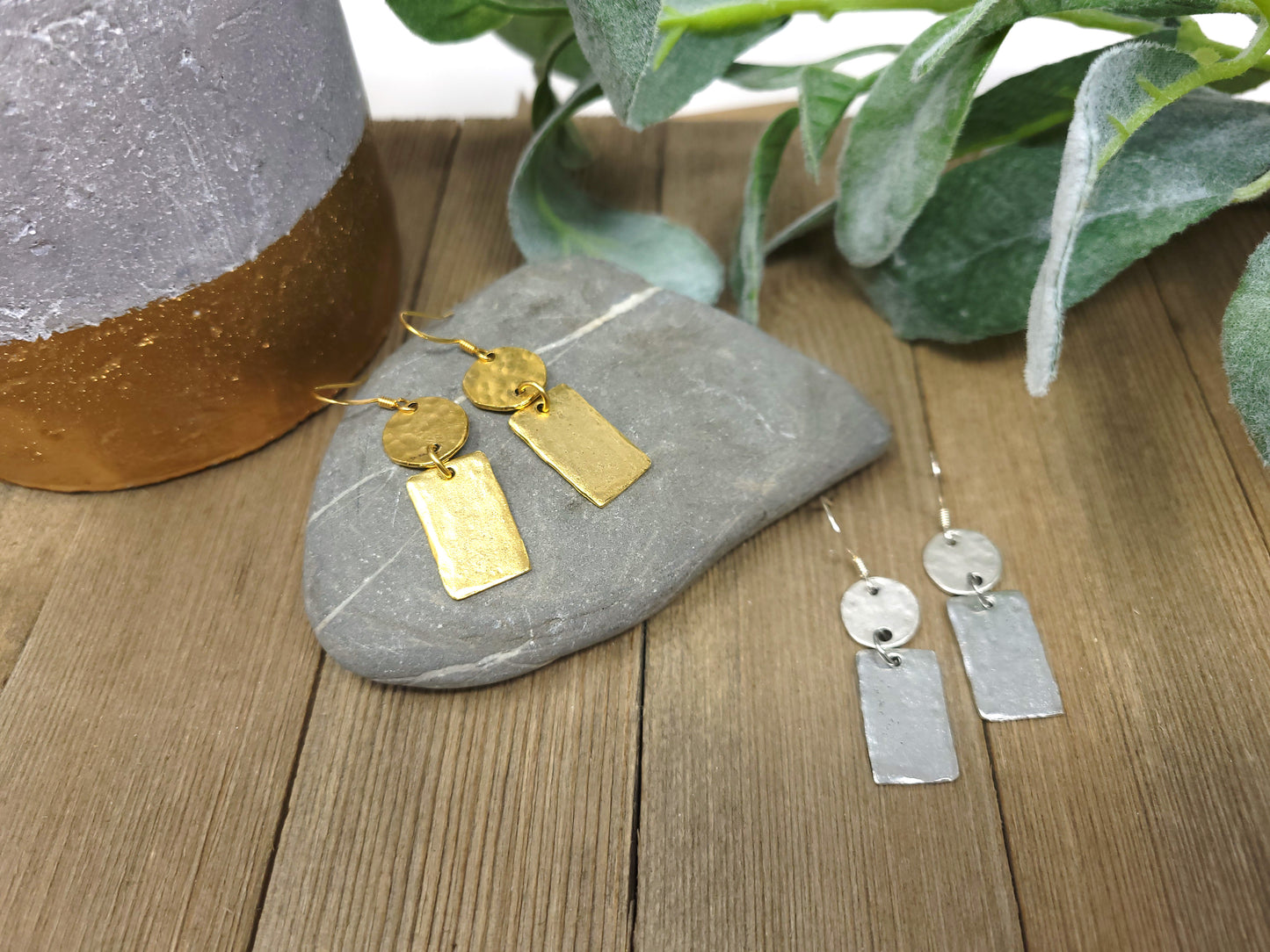 Rustic hammered pewter rectangle dangle earrings, minimalist earrings in gold or silver