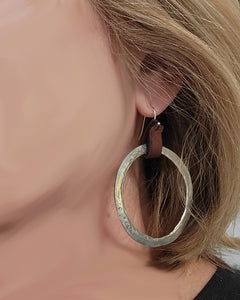 Large organic rustic hoop earrings with leather loop