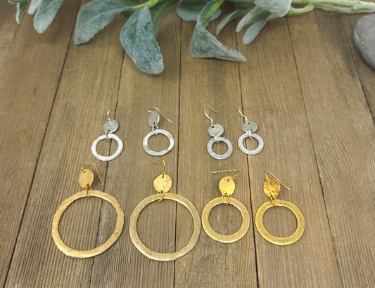 Hammered rustic hoops in gold or silver in 4 sizes/light-weight pewter