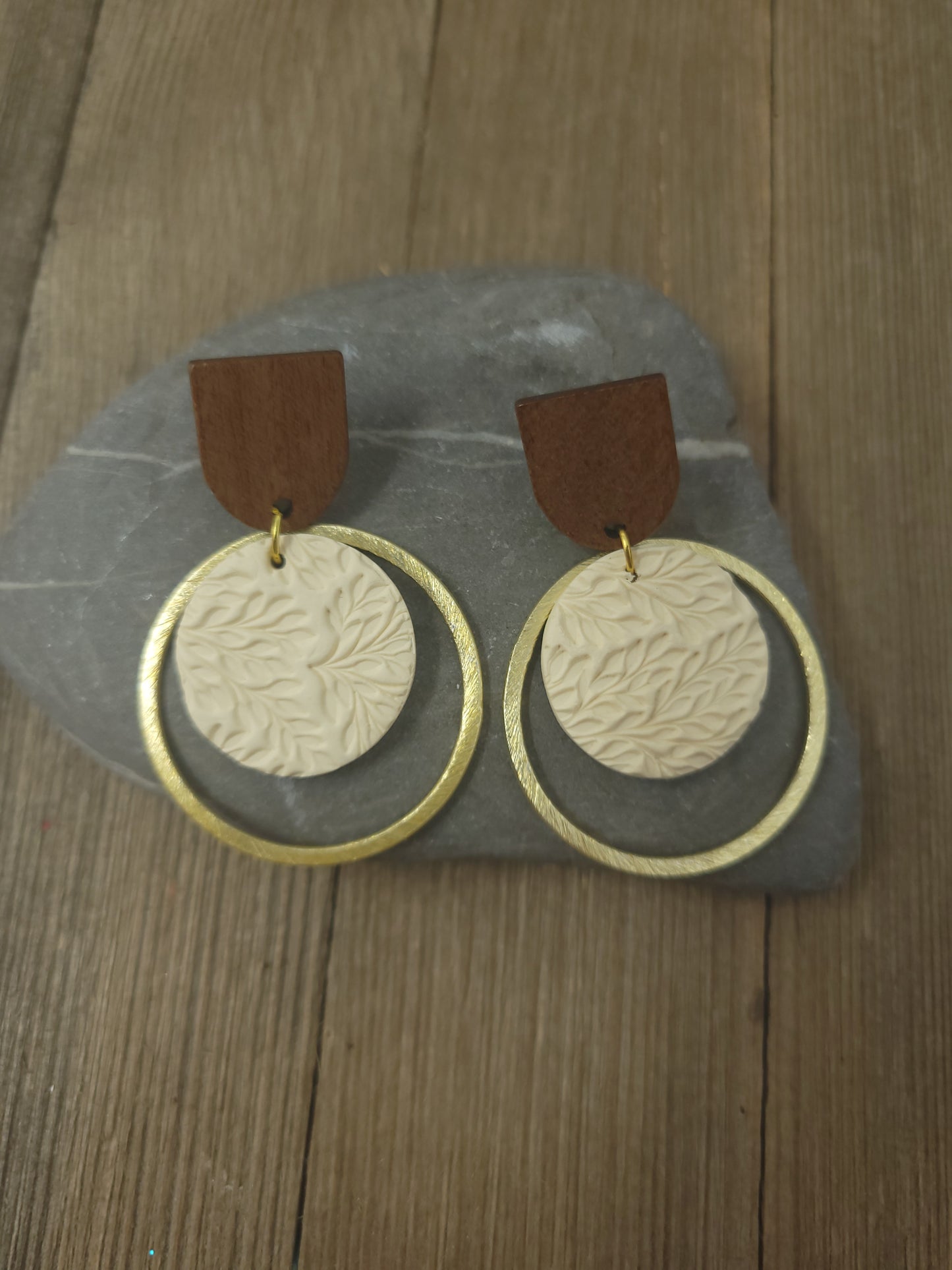 Cream colored clay and wood earrings