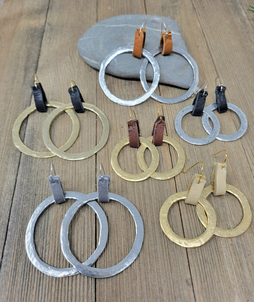 Large organic rustic hoop earrings with leather loop