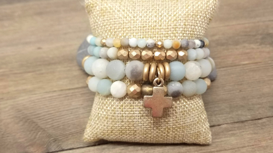 Frosted Amazonite and gold stacking bracelets, set of 4