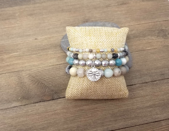 Amazonite and silver stacking bracelets, set of 4