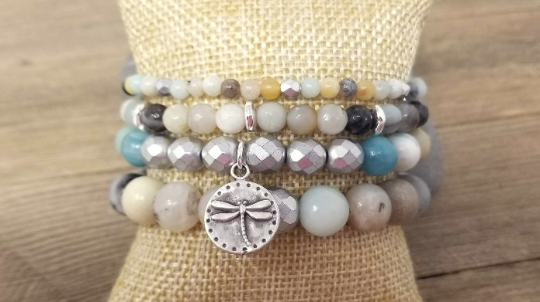 Amazonite and silver stacking bracelets, set of 4