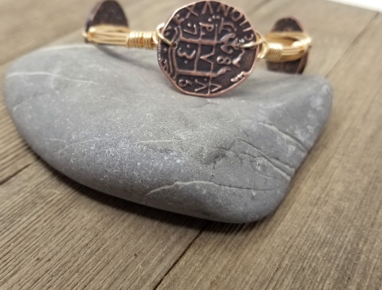Arrowhead bangle, aqua terra jasper cluster bangle, bronze coin bangle set of 3