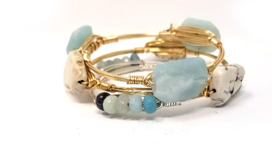 Amazonite bangle, amazonite cluster bangle, White howlite bangle set