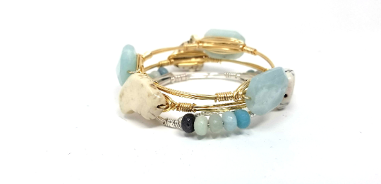 Amazonite bangle, amazonite cluster bangle, White howlite bangle set