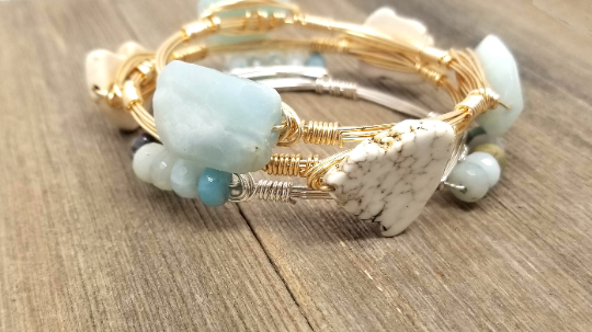 Amazonite bangle, amazonite cluster bangle, White howlite bangle set