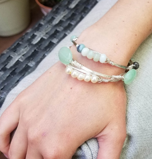 Amazonite cluster bangle, green aventurine bangle and pearl cluster bangle set