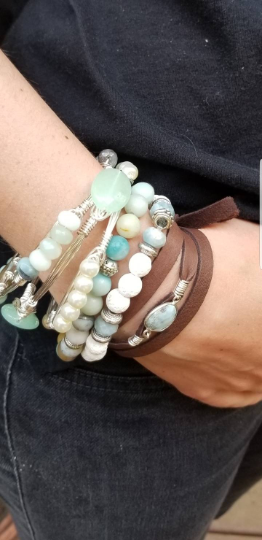 Amazonite cluster bangle, green aventurine bangle and pearl cluster bangle set