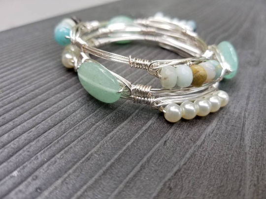 Amazonite cluster bangle, green aventurine bangle and pearl cluster bangle set