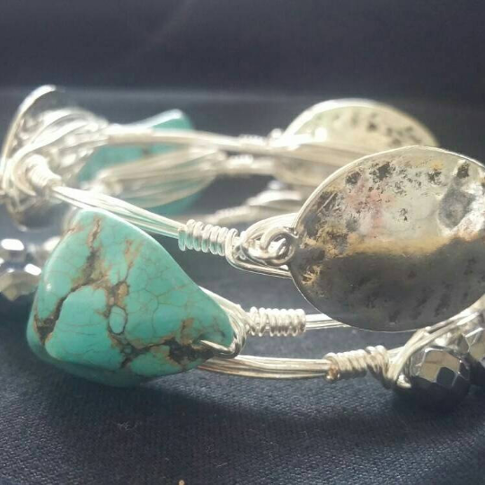 Turquoise, hematite,and silver Set of 3 bangles