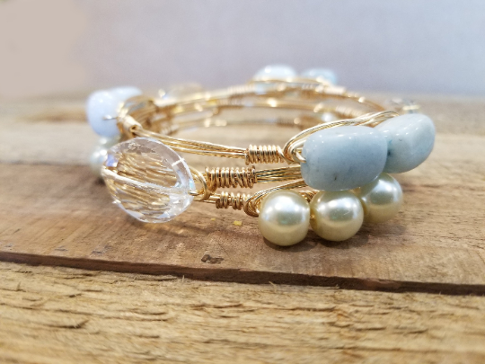 Aquamarine bangle, pearl bangle  and crystal bangle set of 3 bangle bracelets