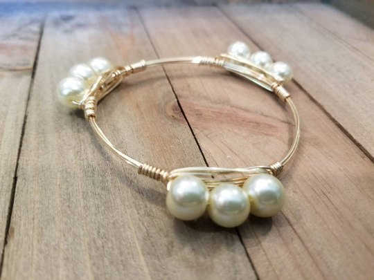Aquamarine bangle, pearl bangle  and crystal bangle set of 3 bangle bracelets