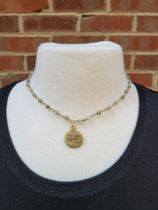 Labradorite beaded rosary chain short necklace with gold coin pendant