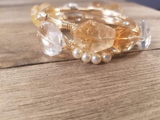 Citrine bangle, mini pearl bracelet, clear crystal oval bangle set