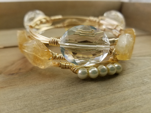 Citrine bangle, mini pearl bracelet, clear crystal oval bangle set