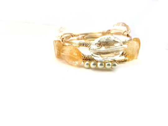 Citrine bangle, mini pearl bracelet, clear crystal oval bangle set