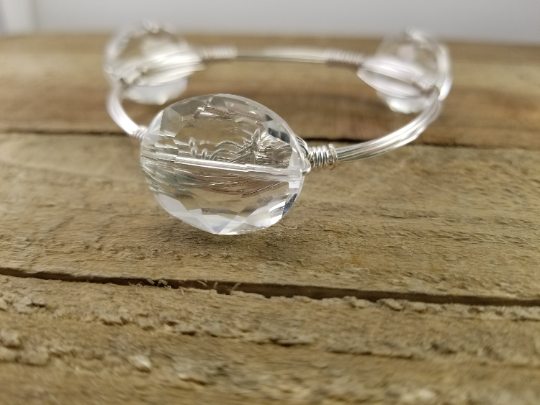 Citrine bangle, mini pearl bracelet, clear crystal oval bangle set