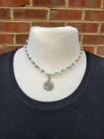 Amazonite beaded rosary chain short necklace with silver coin pendant