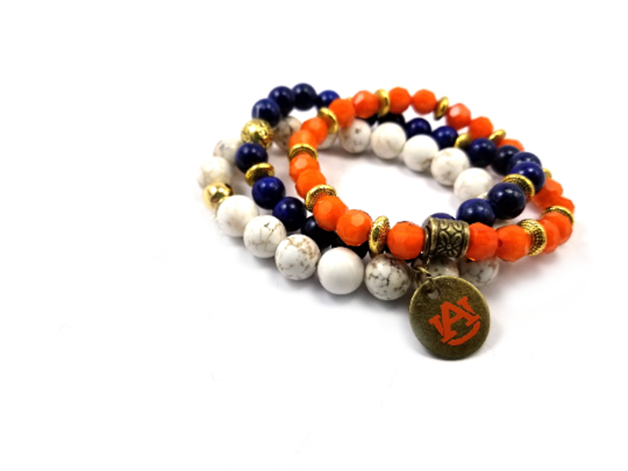 Auburn beaded bracelet set of 3 stretch bracelets, Auburn bracelets, Auburn game day jewelry, AU Tigers bracelets, AU orange and blue