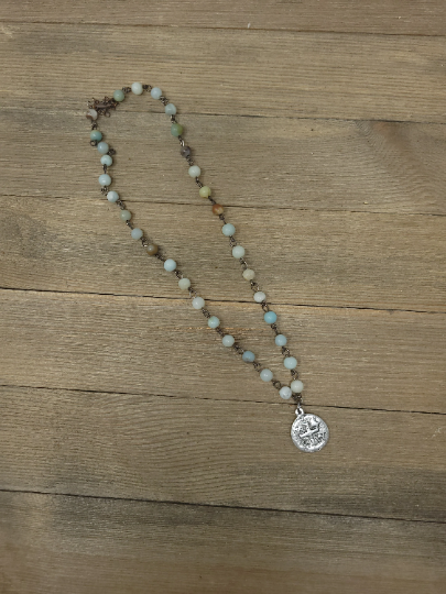 Amazonite beaded rosary chain short necklace with silver coin pendant