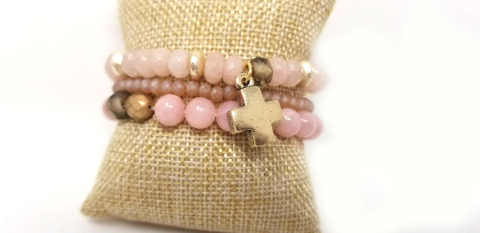 Pink and gold stacking bracelets, set of 3 gemstone bracelets