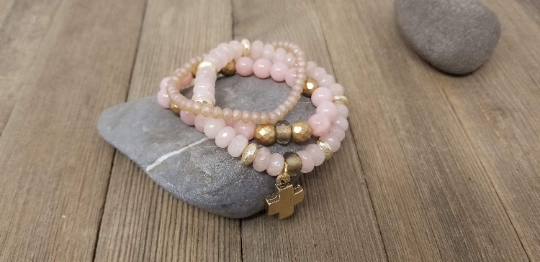 Pink and gold stacking bracelets, set of 3 gemstone bracelets