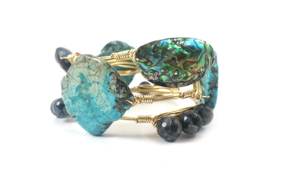 Abalone shell bangle, turquoise bangle, labradorite bangle set of 3 bracelets