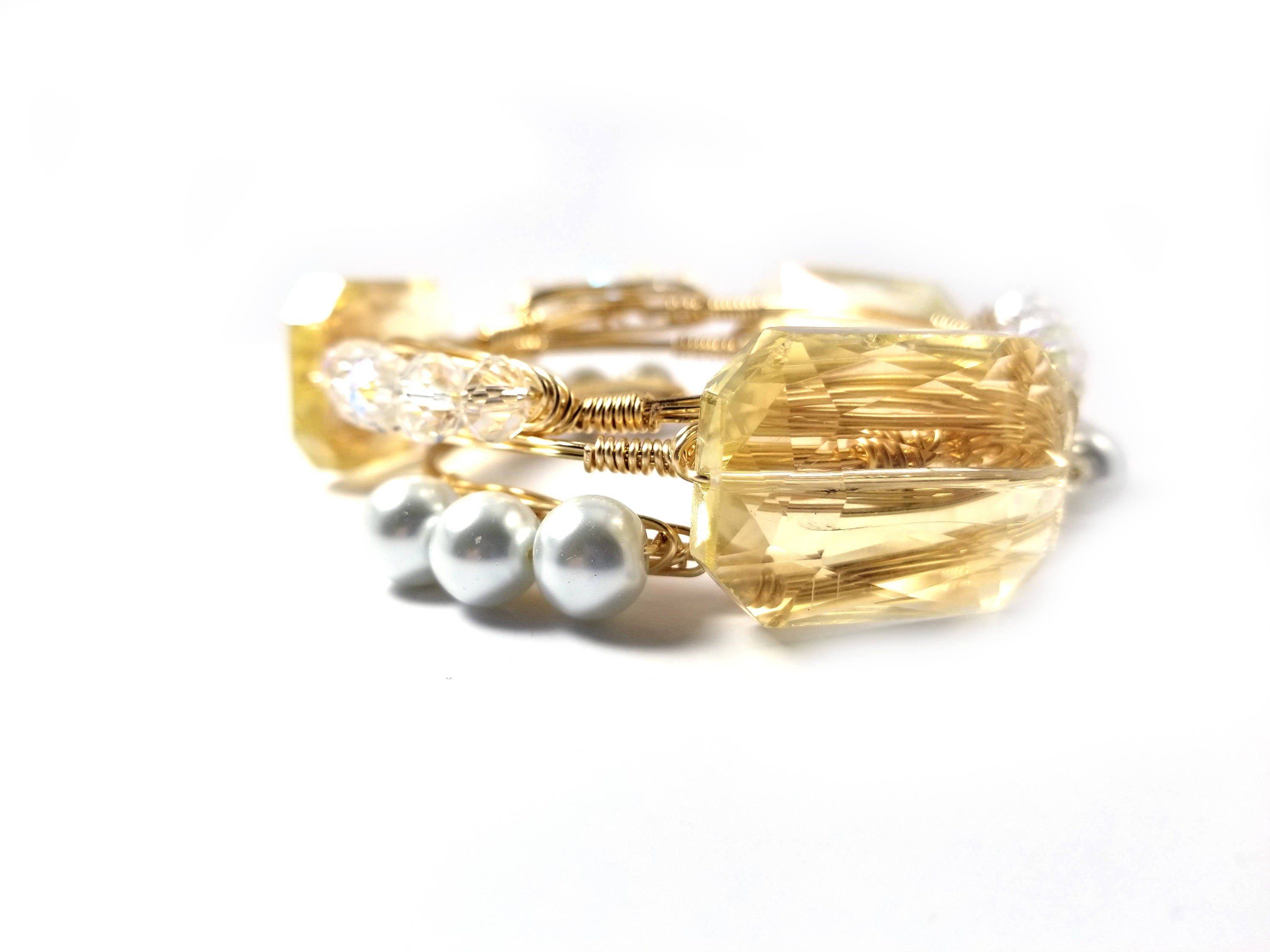 Amber crystal, pearls, and clear crystal set of 3 wire wrapped bangle bracelets