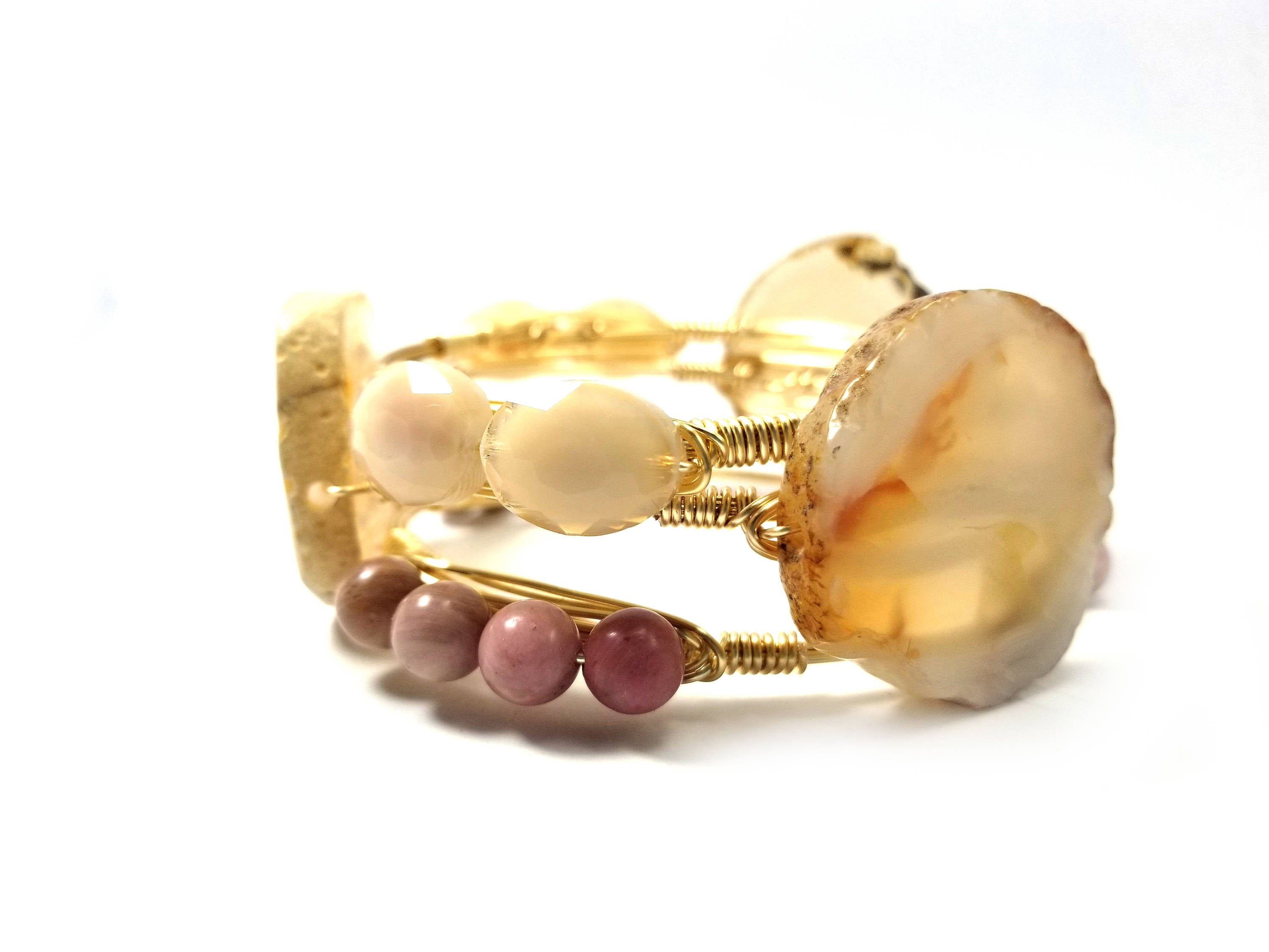 Agate slice bangle, rhodonite bracelet, and pearl luster bead bangle set