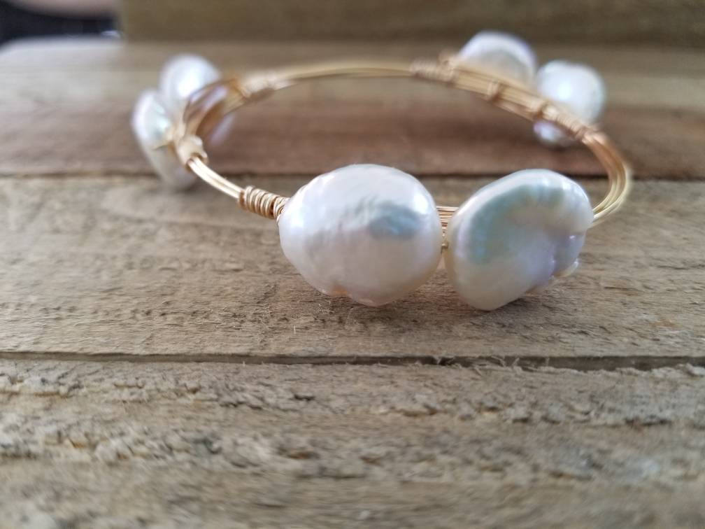 Crystal and keshi pearls set of 3  bangle bracelets