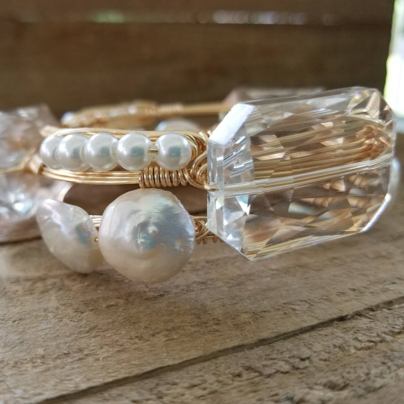 Crystal and keshi pearls set of 3  bangle bracelets