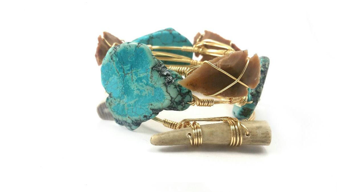 Turquoise bracelet, arrowhead bangle and antler bangle set of 3 bracelets