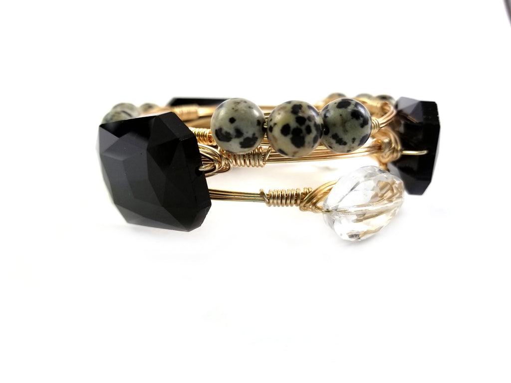 Large black crystal bangle, Dalmatian bead bangle and crystal bangle set of 3  bangles