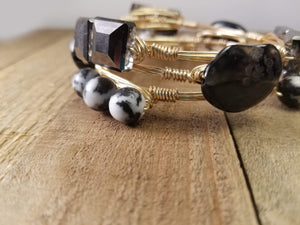 Zebra jasper bangle-black crystal bracelet-black agate bangle set