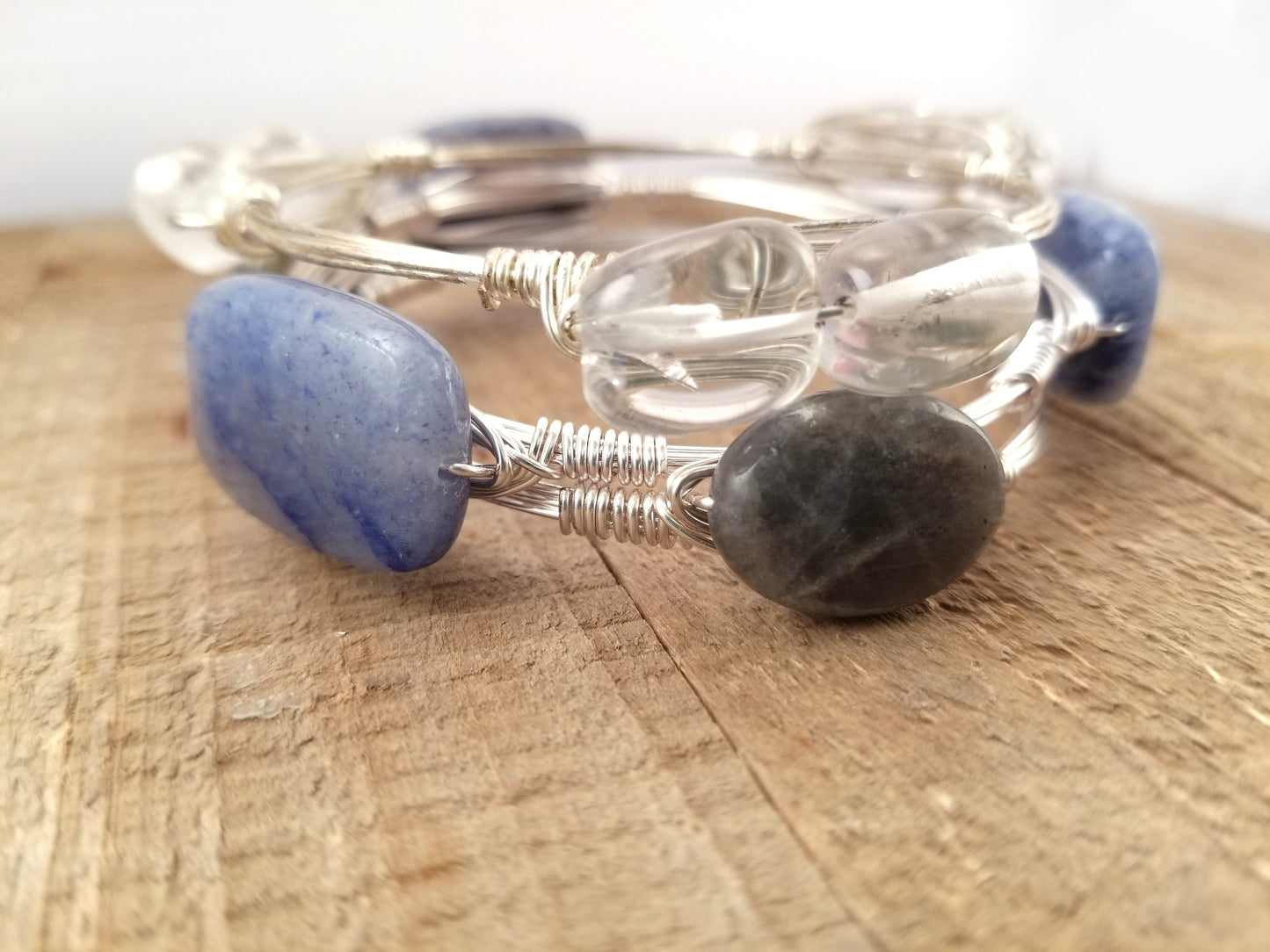 Blue aventurine bangle, oval labradorite bracelet, and clear quartz crystal bangle set of 3