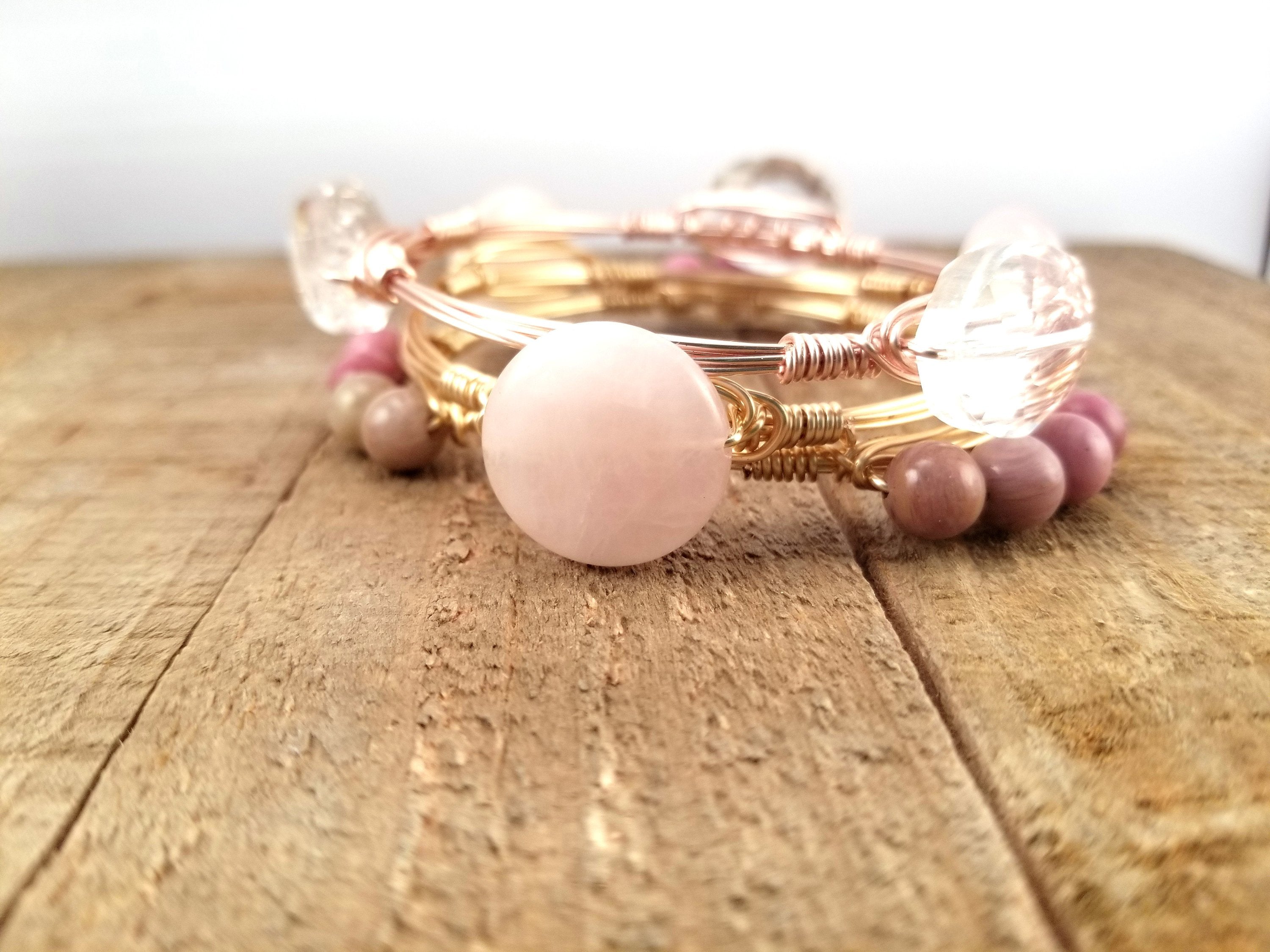 Pink quartz bangle, rhodonite cluster bangle and clear crystal bangle set of 3