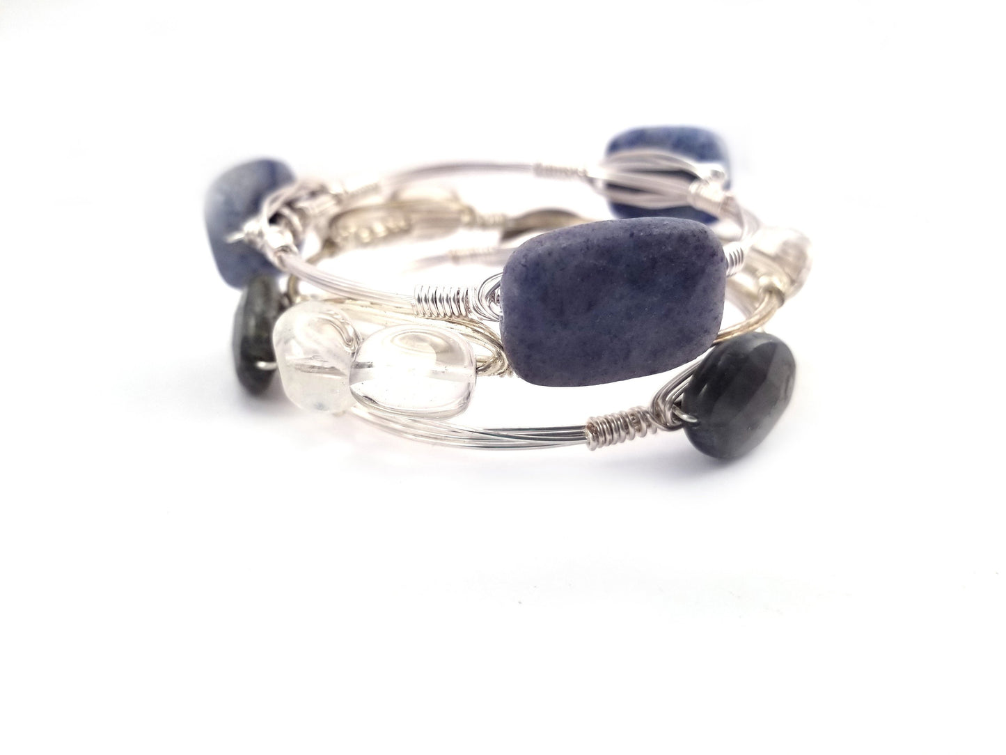 Blue aventurine bangle, oval labradorite bracelet, and clear quartz crystal bangle set of 3