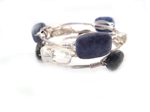 Blue aventurine bangle, oval labradorite bracelet, and clear quartz crystal bangle set of 3